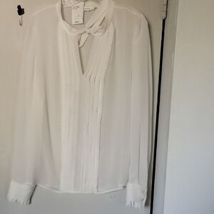 Frame Denim White Pleated Blouse with Bib Collar